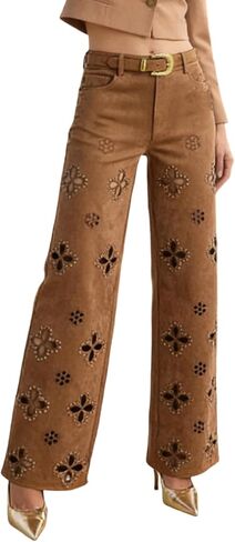 Womens Pearl Jeans Straight Leg High Waist Flower Hollow Out Rhinestone Embellished Pants Baggy Sparkly Trouser in Saudi Arabia