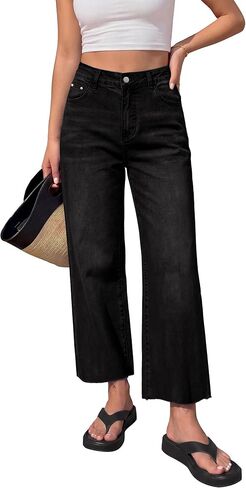 BTFBM Jeans for Women 2026 Summer High Waisted Button Straight Leg Stretchy Cropped Raw Hem Trendy Denim Pants Pockets in Kuwait