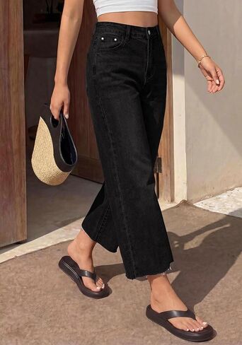 BTFBM Jeans for Women 2026 Summer High Waisted Button Straight Leg Stretchy Cropped Raw Hem Trendy Denim Pants Pockets in Kuwait
