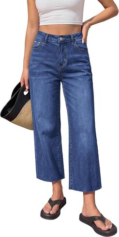 BTFBM Jeans for Women 2026 Summer High Waisted Button Straight Leg Stretchy Cropped Raw Hem Trendy Denim Pants Pockets in Kuwait
