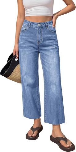 BTFBM Jeans for Women 2026 Summer High Waisted Button Straight Leg Stretchy Cropped Raw Hem Trendy Denim Pants Pockets in Kuwait