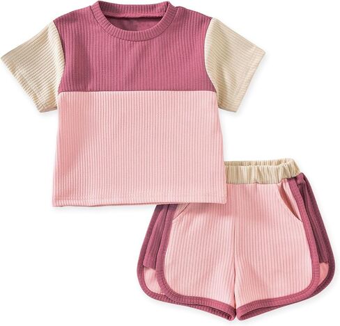 HINTINA Toddler Girl Color Block Short Sleeve T-shirt Dolphin Shorts Set 2 Pieces Summer Outfits in Kuwait