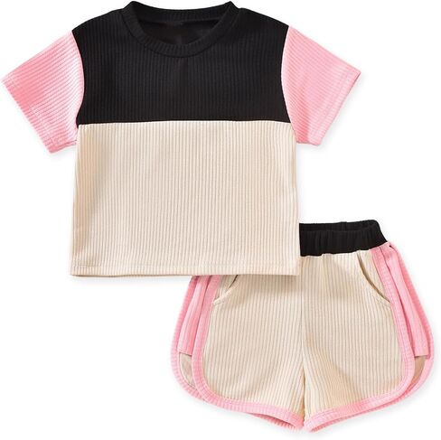 HINTINA Toddler Girl Color Block Short Sleeve T-shirt Dolphin Shorts Set 2 Pieces Summer Outfits in Kuwait