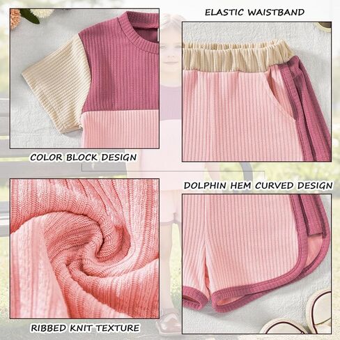 HINTINA Toddler Girl Color Block Short Sleeve T-shirt Dolphin Shorts Set 2 Pieces Summer Outfits in Kuwait