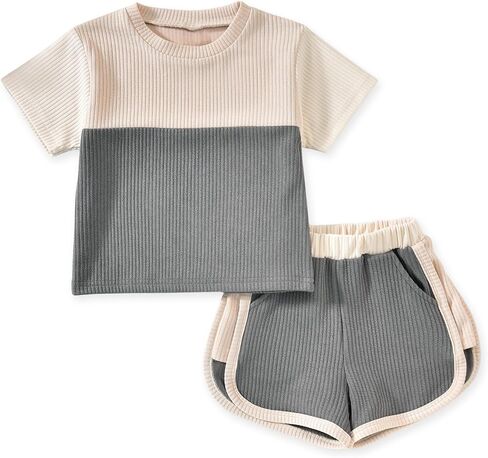 HINTINA Toddler Girl Color Block Short Sleeve T-shirt Dolphin Shorts Set 2 Pieces Summer Outfits in Kuwait