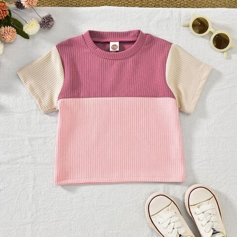 HINTINA Toddler Girl Color Block Short Sleeve T-shirt Dolphin Shorts Set 2 Pieces Summer Outfits in Kuwait