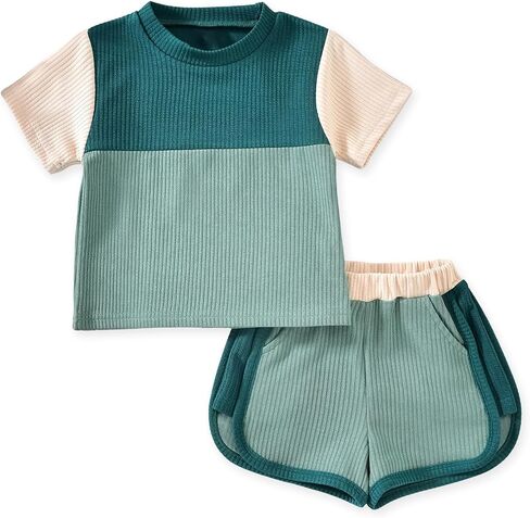 HINTINA Toddler Girl Color Block Short Sleeve T-shirt Dolphin Shorts Set 2 Pieces Summer Outfits in Kuwait