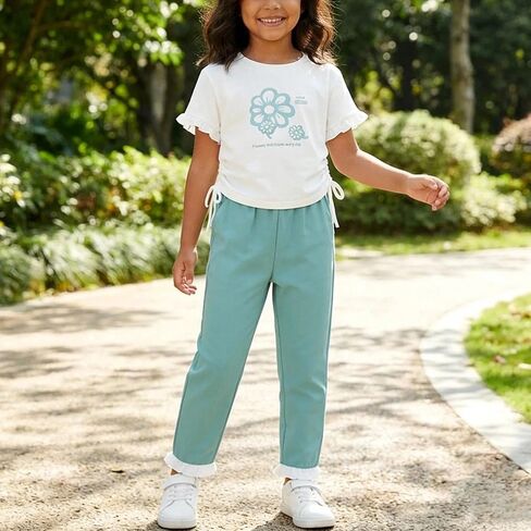 Girls Summer Outfit Set Floral Ruffle Sleeve Top with Long Pants Cute 2 Piece Matching Clothes in Kuwait