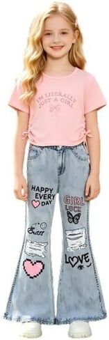 Girls' Clothing Sets Graphic Crop Top & Y2K Flare Jeans 2 Piece Casual Streetwear Clothes for Tween 8-12 Years in Kuwait