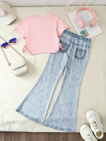 Girls' Clothing Sets Graphic Crop Top & Y2K Flare Jeans 2 Piece Casual Streetwear Clothes for Tween 8-12 Years in Kuwait