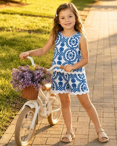 Girls 2 Piece Scalloped Shorts Set, Blue White Sleeveless Top and Matching Shorts Summer Outfit, 4-8 Years in Saudi Arabia