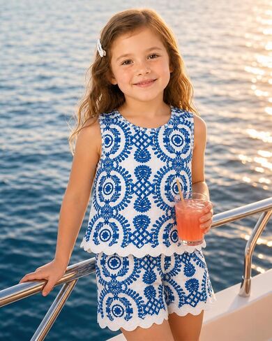 Girls 2 Piece Scalloped Shorts Set, Blue White Sleeveless Top and Matching Shorts Summer Outfit, 4-8 Years in Saudi Arabia