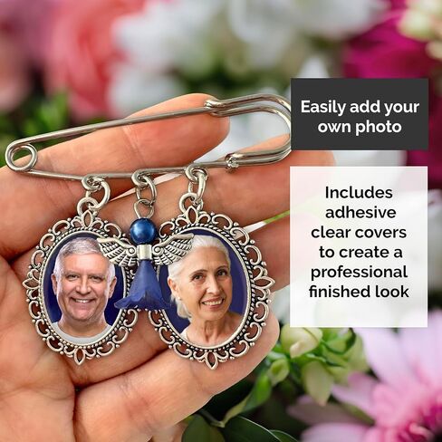 Something Blue Wedding Bouquet Photo Charm Pin for Bride Holds 2 Photos Memorial Bridal Bouquet Photo Charm Pin with Something Blue Angel Add Your Own Photos in Kuwait