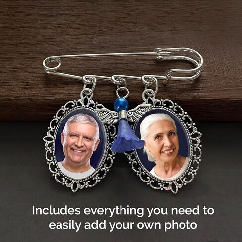 Something Blue Wedding Bouquet Photo Charm Pin for Bride Holds 2 Photos Memorial Bridal Bouquet Photo Charm Pin with Something Blue Angel Add Your Own Photos in Kuwait