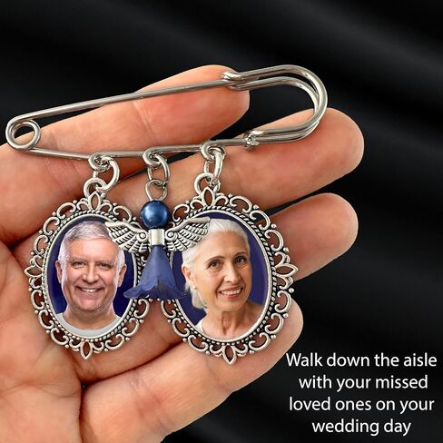 Something Blue Wedding Bouquet Photo Charm Pin for Bride Holds 2 Photos Memorial Bridal Bouquet Photo Charm Pin with Something Blue Angel Add Your Own Photos in Kuwait