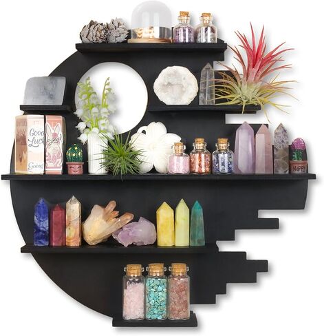Wooden Moon Shelf with LED Lights, Crystal Wall Shelf for Rock Gem Stone Display Witchy Trinkets Holder Boho Wall Decor Floating Shelves for Nail Polish & Essential Oil in Saudi Arabia