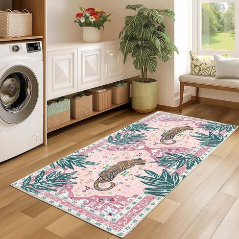 Washable 2x5 Hallway Runner Rug, Non-Slip Low Pile Cozy Kitchen Runner Rug, Pink Boho Vintage Tropical Tiger Rug, Ultra Soft, Stain Resistant, Pet & Kid Friendly Rugs for Bedroom Bathroom Laundry Room in Kuwait