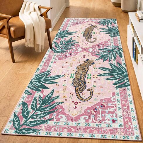 Washable 2x5 Hallway Runner Rug, Non-Slip Low Pile Cozy Kitchen Runner Rug, Pink Boho Vintage Tropical Tiger Rug, Ultra Soft, Stain Resistant, Pet & Kid Friendly Rugs for Bedroom Bathroom Laundry Room in Kuwait