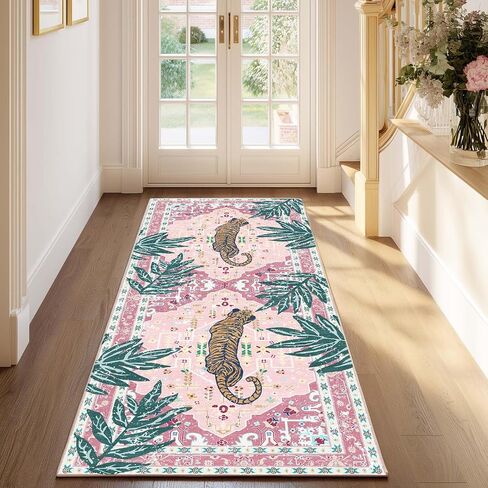 Washable 2x5 Hallway Runner Rug, Non-Slip Low Pile Cozy Kitchen Runner Rug, Pink Boho Vintage Tropical Tiger Rug, Ultra Soft, Stain Resistant, Pet & Kid Friendly Rugs for Bedroom Bathroom Laundry Room in Kuwait