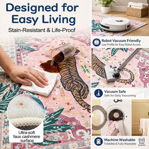 Washable 2x5 Hallway Runner Rug, Non-Slip Low Pile Cozy Kitchen Runner Rug, Pink Boho Vintage Tropical Tiger Rug, Ultra Soft, Stain Resistant, Pet & Kid Friendly Rugs for Bedroom Bathroom Laundry Room in Kuwait