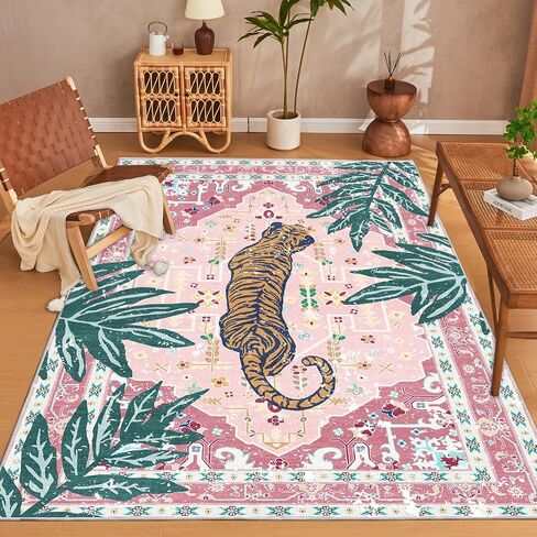Washable 2x5 Hallway Runner Rug, Non-Slip Low Pile Cozy Kitchen Runner Rug, Pink Boho Vintage Tropical Tiger Rug, Ultra Soft, Stain Resistant, Pet & Kid Friendly Rugs for Bedroom Bathroom Laundry Room in Kuwait