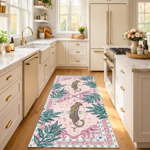 Washable 2x5 Hallway Runner Rug, Non-Slip Low Pile Cozy Kitchen Runner Rug, Pink Boho Vintage Tropical Tiger Rug, Ultra Soft, Stain Resistant, Pet & Kid Friendly Rugs for Bedroom Bathroom Laundry Room in Kuwait