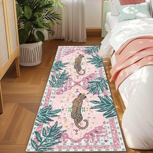 Washable 2x5 Hallway Runner Rug, Non-Slip Low Pile Cozy Kitchen Runner Rug, Pink Boho Vintage Tropical Tiger Rug, Ultra Soft, Stain Resistant, Pet & Kid Friendly Rugs for Bedroom Bathroom Laundry Room in Kuwait
