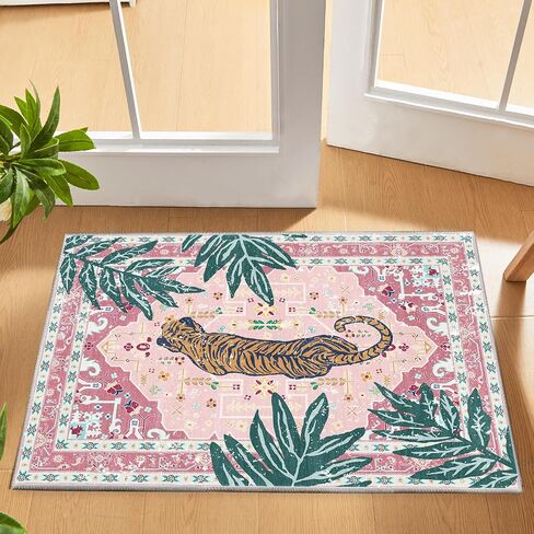 Washable 2x5 Hallway Runner Rug, Non-Slip Low Pile Cozy Kitchen Runner Rug, Pink Boho Vintage Tropical Tiger Rug, Ultra Soft, Stain Resistant, Pet & Kid Friendly Rugs for Bedroom Bathroom Laundry Room in Kuwait
