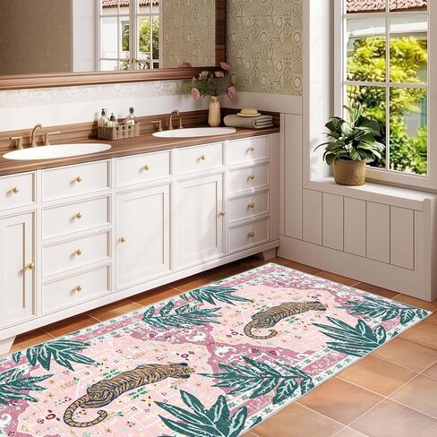 Washable 2x5 Hallway Runner Rug, Non-Slip Low Pile Cozy Kitchen Runner Rug, Pink Boho Vintage Tropical Tiger Rug, Ultra Soft, Stain Resistant, Pet & Kid Friendly Rugs for Bedroom Bathroom Laundry Room in Kuwait