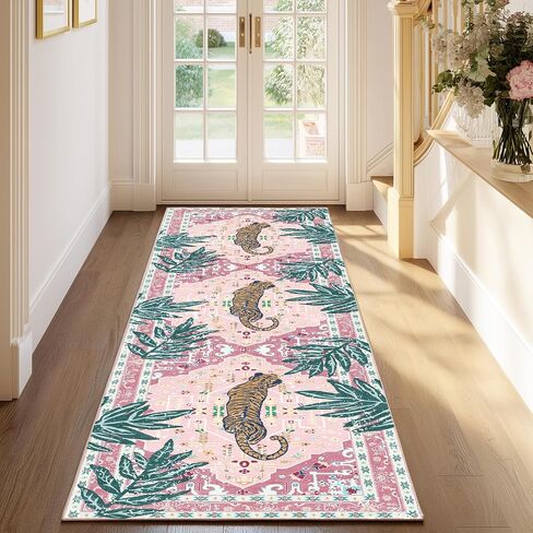 Washable 2x5 Hallway Runner Rug, Non-Slip Low Pile Cozy Kitchen Runner Rug, Pink Boho Vintage Tropical Tiger Rug, Ultra Soft, Stain Resistant, Pet & Kid Friendly Rugs for Bedroom Bathroom Laundry Room in Kuwait