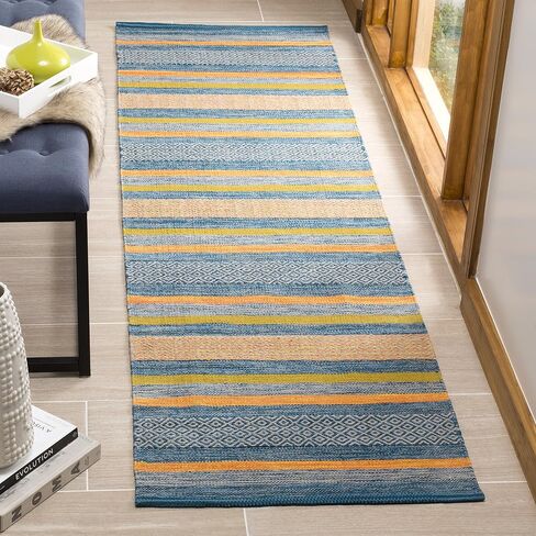 سجادة SAFAVIEH Montauk Collection Runner - 2'3" x 8'، أزرق وبرتقالي، قطن مخطط منسوج يدويًا، مثالية للمناطق ذات حركة المرور العالية في غرفة المعيشة وغرفة النوم (MTK213A) in Kuwait