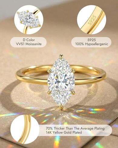 3CT Marquise Moissanite Engagement Rings for Women: Lab Grown Diamond D Color VVS1 925 Sterling Silver 14K Gold Plated Non Tarnish Wedding Band, Bridal Jewelry Gifts Anniversary Promise Ring for Her in Saudi Arabia