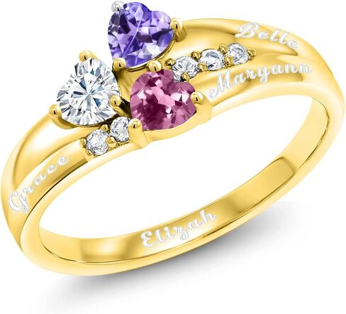 Gem Stone King 18K Yellow Gold Plated Silver Engagement Promise Customized and Personalized 3 Birthstone Build Your Own Forever United For Her Heart Shape Ring | Available In Size 5, 6, 7, 8, 9 in Kuwait