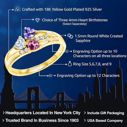 Gem Stone King 18K Yellow Gold Plated Silver Engagement Promise Customized and Personalized 3 Birthstone Build Your Own Forever United For Her Heart Shape Ring | Available In Size 5, 6, 7, 8, 9 in Kuwait