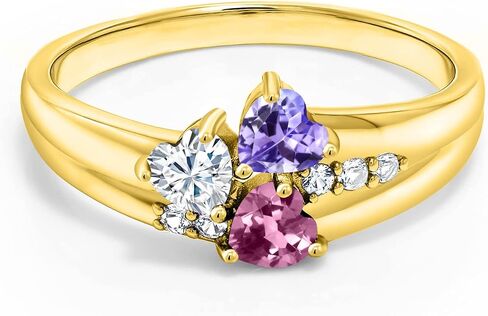 Gem Stone King 18K Yellow Gold Plated Silver Engagement Promise Customized and Personalized 3 Birthstone Build Your Own Forever United For Her Heart Shape Ring | Available In Size 5, 6, 7, 8, 9 in Kuwait