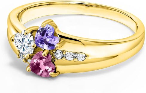Gem Stone King 18K Yellow Gold Plated Silver Engagement Promise Customized and Personalized 3 Birthstone Build Your Own Forever United For Her Heart Shape Ring | Available In Size 5, 6, 7, 8, 9 in Kuwait