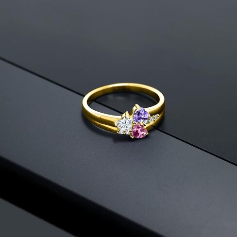Gem Stone King 18K Yellow Gold Plated Silver Engagement Promise Customized and Personalized 3 Birthstone Build Your Own Forever United For Her Heart Shape Ring | Available In Size 5, 6, 7, 8, 9 in Kuwait