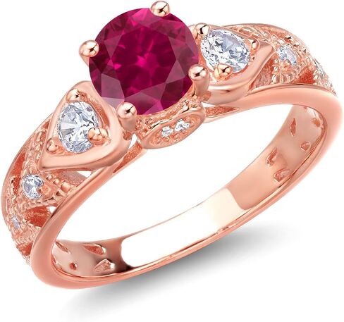 Gem Stone King 18K Rose Gold Plated Silver Red Created Ruby Engagement Ring For Women | 2.26 Cttw | Round 6MM | Wedding Engagement Anniversary Promise Ring For Women in Kuwait