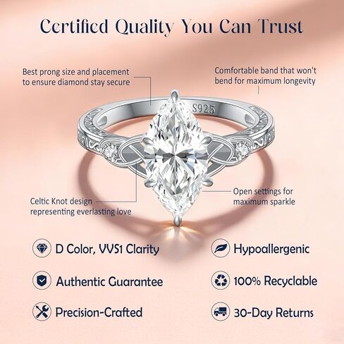 4CT Moissanite Engagement Rings for Women, Perfect for Romantic Proposal, Marquise Cut D Color VVS1 Lab Grown Moissanite, Celtic Knot Sterling Silver White Gold Plated, Christmas Gift Size 5 in Saudi Arabia