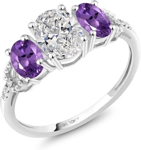 Gem Stone King 10K White Gold Lab Grown Diamond and Purple Amethyst 3-Stone Engagement Ring | 1.62 Cttw | Center Oval Diamond 0.70 Ct | DEF Color | VVS-VS Clarity in Kuwait