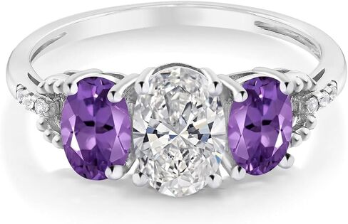 Gem Stone King 10K White Gold Lab Grown Diamond and Purple Amethyst 3-Stone Engagement Ring | 1.62 Cttw | Center Oval Diamond 0.70 Ct | DEF Color | VVS-VS Clarity in Kuwait