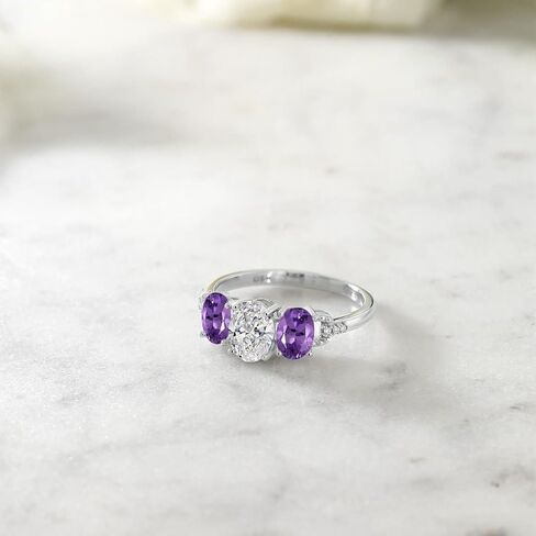 Gem Stone King 10K White Gold Lab Grown Diamond and Purple Amethyst 3-Stone Engagement Ring | 1.62 Cttw | Center Oval Diamond 0.70 Ct | DEF Color | VVS-VS Clarity in Kuwait