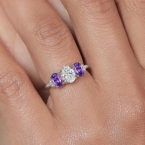 Gem Stone King 10K White Gold Lab Grown Diamond and Purple Amethyst 3-Stone Engagement Ring | 1.62 Cttw | Center Oval Diamond 0.70 Ct | DEF Color | VVS-VS Clarity in Kuwait