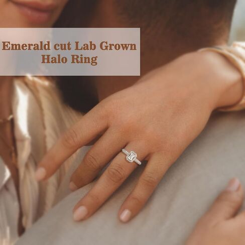 DEWBERRY 1Ct IGI Certified Emerald Cut Lab Grown Diamond Halo Engagement Ring | 925 Sterling Silver with 14K Yellow or White Gold Plated Solitaire Accents Promise Rings For Her Size 4-10 (Clarity: VS/Color: FG) in Saudi Arabia