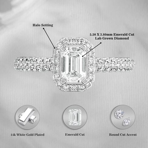 DEWBERRY 1Ct IGI Certified Emerald Cut Lab Grown Diamond Halo Engagement Ring | 925 Sterling Silver with 14K Yellow or White Gold Plated Solitaire Accents Promise Rings For Her Size 4-10 (Clarity: VS/Color: FG) in Saudi Arabia