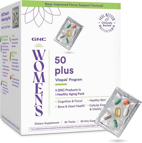GNC Women’s 50 Plus Vitapak Program, Convenient Complete Nutrition, 5 Products in 1 Packet, Healthy Aging, Memory, Bone & Heart Health, with Proven Ingredients, Vitamin D-3, Biotin, 30 Daily Packs in Kuwait