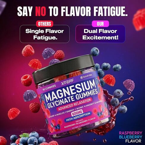 Magnesium Glycinate Gummies 600mg, [2-in-1 Dual Flavor Mix] - Sugar-Free, High Absorption Magnesium Supplement for Adults, Muscle Support and Relaxation, Vegan & Non-GMO in Saudi Arabia