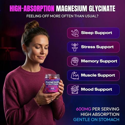 Magnesium Glycinate Gummies 600mg, [2-in-1 Dual Flavor Mix] - Sugar-Free, High Absorption Magnesium Supplement for Adults, Muscle Support and Relaxation, Vegan & Non-GMO in Saudi Arabia