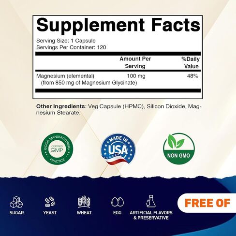 Vitamatic Magnesium Glycinate 850 mg (High Potency) – Supports Muscle, Nerve & Heart Health – 120 Veg Capsules – Non-GMO, Made in USA in Kuwait