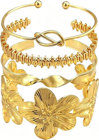 14K Gold Plated Bracelets for Women, 4Pcs Stackable Flower Cuff Bangle Knot Chain Bracelet Set, Trendy Boho Layered Jewelry Gift for Women in Saudi Arabia